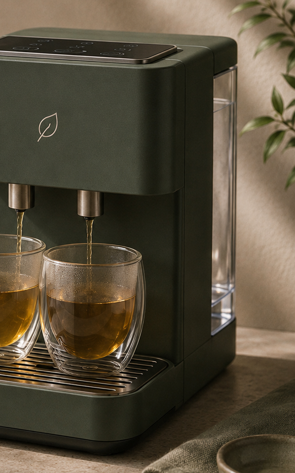 LEAF Two tea machine in sage green brewing two glass cups of tea