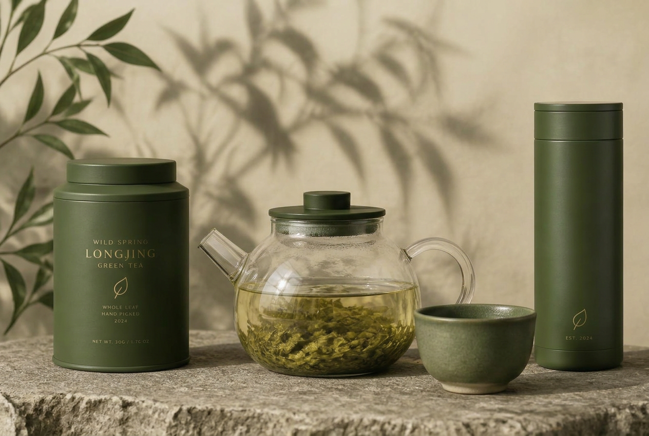 LEAF tea canister, glass teapot, cup and travel flask arranged on stone