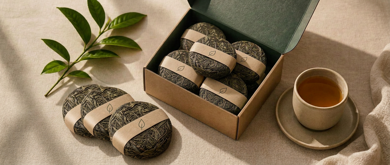 LEAF membership box of tea pucks with a forest green canister