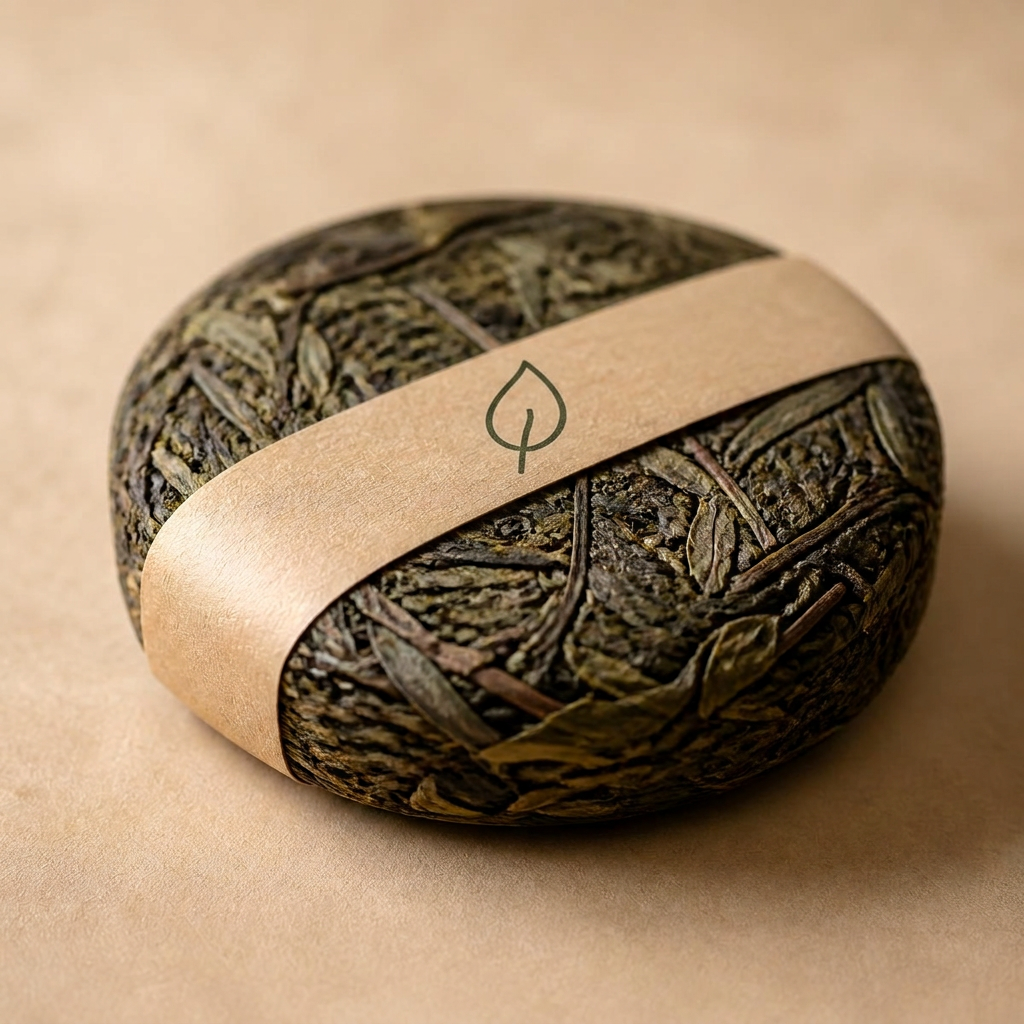Compressed whole leaf tea puck wrapped in a kraft paper band